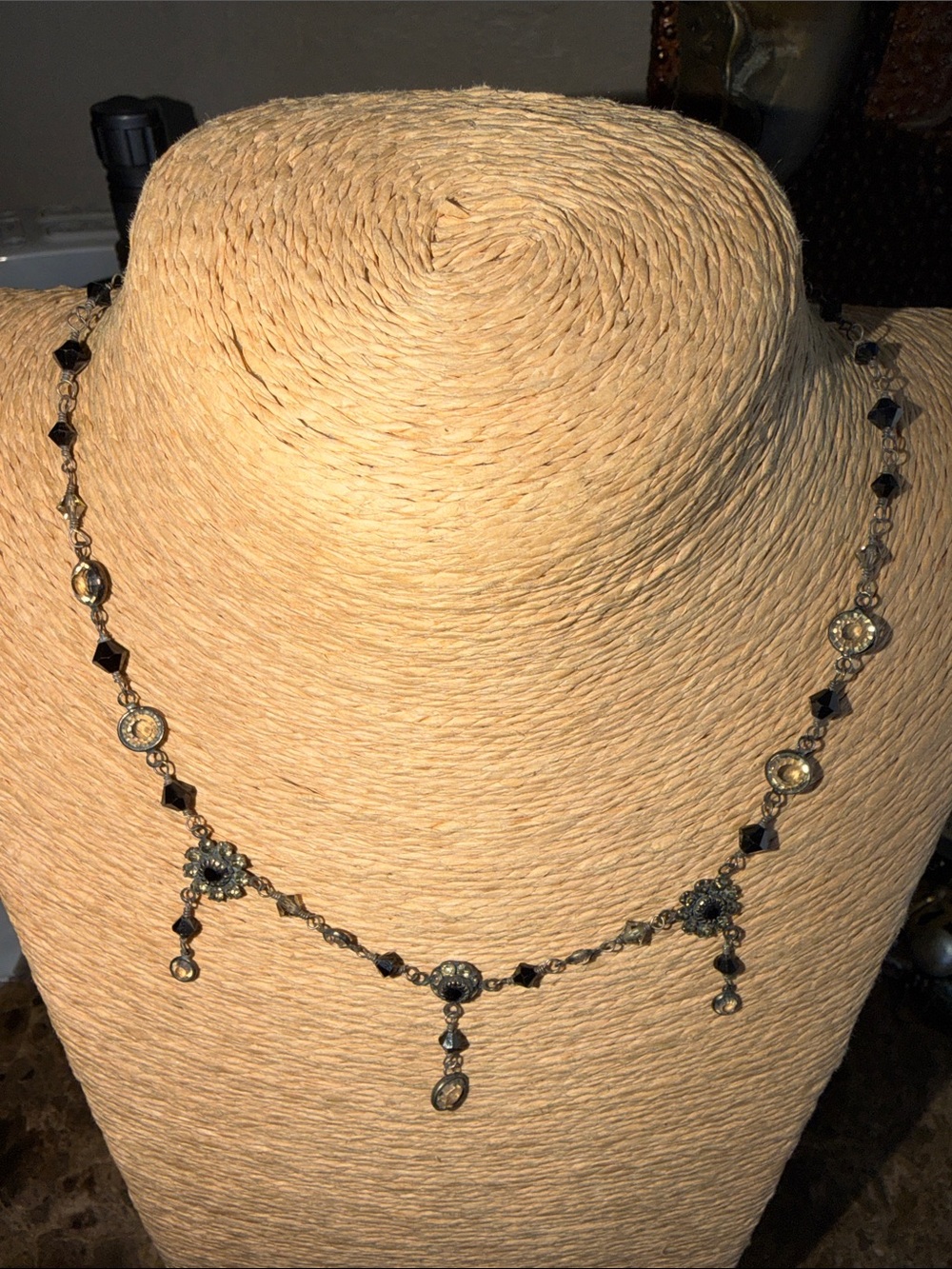 Delicate Sterling Silver  Drop Necklace Swarovski crystal grey and black vintage